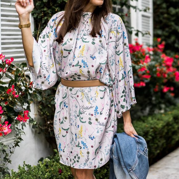 H&M x Anna Glover Women Light Beige Floral Raglan Sleeve Satin Shift Dress Small - Picture 11 of 11